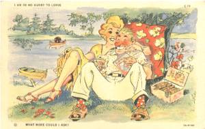 Ephemera/Postcard-1939-Couple Under Tree(Vacation Comics)