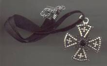 Necklace/Coker/Contemporary Ribbon W/Silvertone Pot Metal Gothic-Maltese Type Cross
