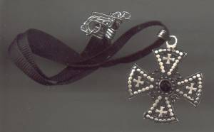 Necklace/Coker/Contemporary Ribbon W/Silvertone Pot Metal Gothic-Maltese Type Cross