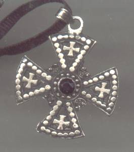 Necklace/Coker/Contemporary Ribbon W/Silvertone Pot Metal Gothic-Maltese Type Cross