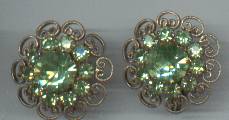 Earrings/Clip Ons/Peridot Colored Glass Rhinestones/Brass Filligree