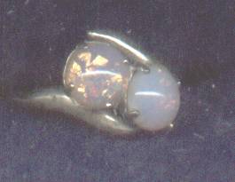 Ring/Silvertone/Double Faux Opal Stones