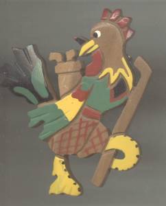 Brooch/Painted Wood W/Carved Details/Golfing Rooster