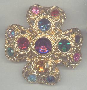 Brooch/Heavy Goldtone Cross W/Multi Color Rhinestones