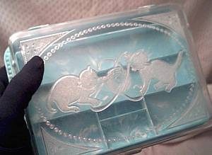 Vanity Item(s)/Molded Plastic Vanity Box/Clear&Aqua W/Pair of Playing Cats