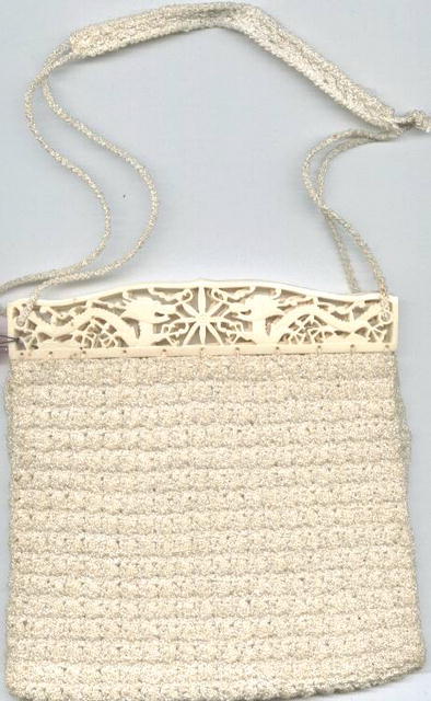 Purse/Carved Ivory or Bone Handled/Crocheted
