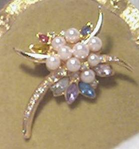 Brooch/GT W/Faux Pearls/Multi Color Navettes