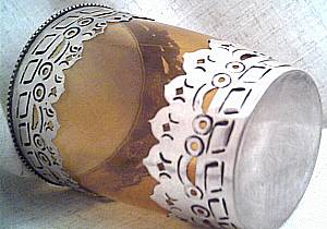 Household Item(s)/Candle Holder/Large Amber Glass With Sterling Overlay