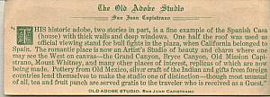 Ephemera/Old Advertising Piece Old Adobe Studio San Juan Capistrano