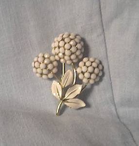Brooch/White Rhinestone Floral/Enamel Leaves
