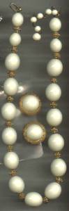 Set(s)/Designer/(Crown)Trifari White Bead & Faux Granulated Gold Spacers Necklace & Ears