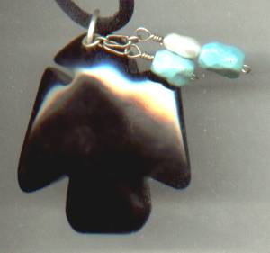 Pendent/Native American Style Carved Thunderbird ?Onyx W/ 2 Turqoise beads & a Freshwater Pearl