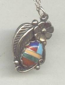 Necklace/Artist Signed Navajo Style Inlaid Pendent Mark-WA
