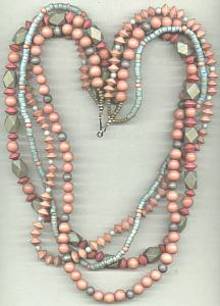 Necklace/Multi Strand Dyed Wooden Beads/Blue, Rose & Green