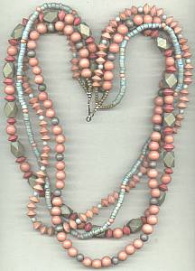 Necklace/Multi Strand Dyed Wooden Beads/Blue, Rose & Green