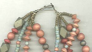 Necklace/Multi Strand Dyed Wooden Beads/Blue, Rose & Green