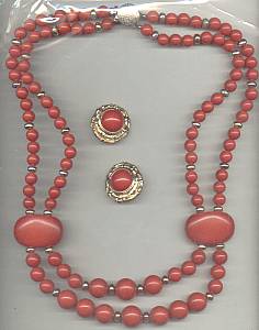 Set(s)c.1980 Red Plastic Bead Necklace W/Ear Clips