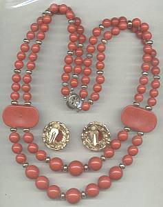 Set(s)c.1980 Red Plastic Bead Necklace W/Ear Clips