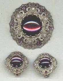 Set(s)3D Filagree Brooch&Ear Clips W/Purple Cab Mark W Germany