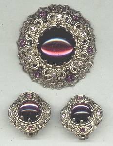 Set(s)3D Filagree Brooch&Ear Clips W/Purple Cab Mark W Germany