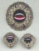 Set(s)3D Filagree Brooch&Ear Clips W/Purple Cab Mark W Germany