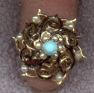 Brooch/Victorian Style W/Faux Pearls/Glass Turquoise&Some Black Enamel