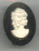 Brooch/Pin/Small Pastic Cameo/Black With White Lady Profile