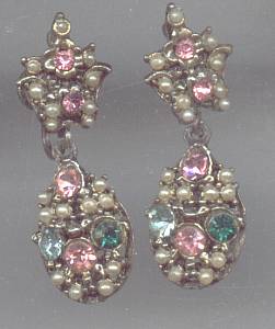 Ear Screws/Florenza Style Dangles W/RS & Faux Seed Pearls