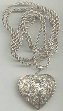 Necklace/Sterling Chain W/Brite Cut Filagree Heart