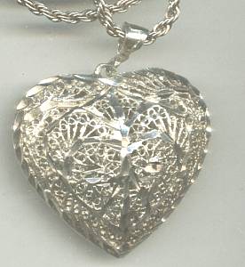 Necklace/Sterling Chain W/Brite Cut Filagree Heart