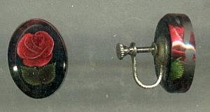 Set(s)/Pendent(no chain)&Ear Screws/Clear Lucite With Imbeded Red Roses&Leaves