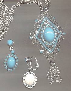 Set(s)/Contemporary Silvertone Necklace&Ear Clips With Glass Faux Cabachons