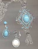 Set(s)/Contemporary Silvertone Necklace&Ear Clips With Glass Faux Cabachons