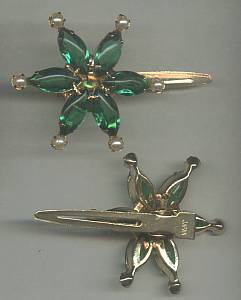 Hair Ornament/Pr. Decorative/Emerald Green Glass Navette Cabs With Faux Pearls