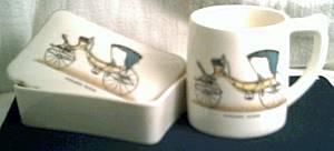 Porcelain/Lidded Box W/Matching Ceramic Mug/Transfer Design of An Old Horse Drawn Fancy Coach