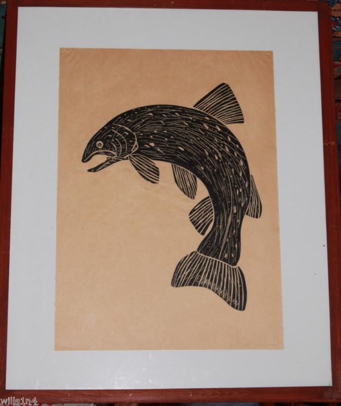Ed Larson Woodblock Fish Art Proof Print 1983