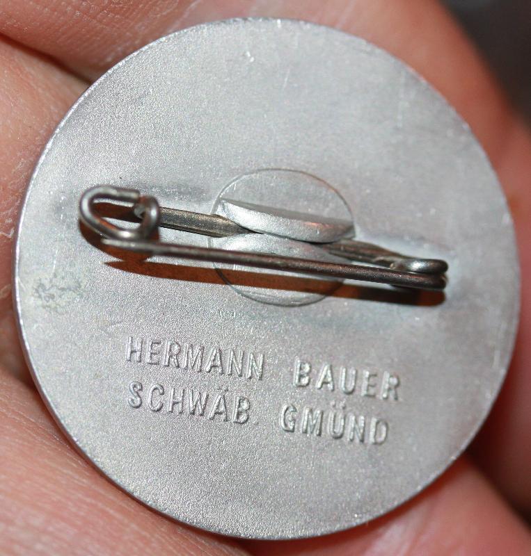 German WWII Mai Day Workers alumminum pin 1936 Hermann Bauer Schwab Gmund
