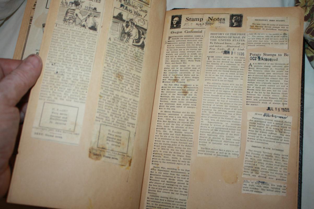 Scrapbook from 1930s with Hand Drawn Stamps Articles