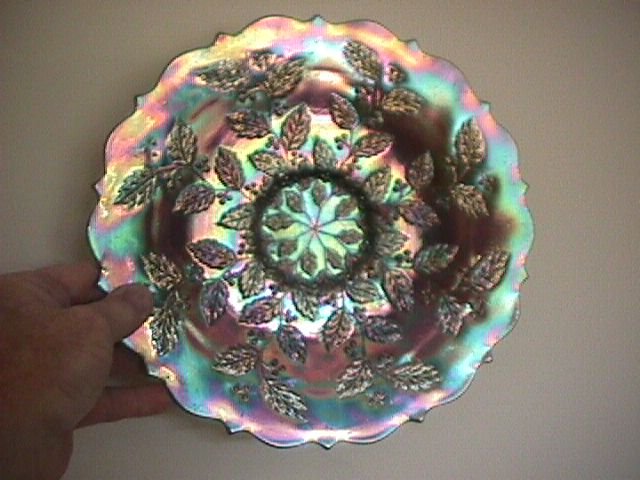 Fenton Carnival Glass Holly Plate=Emerald Green