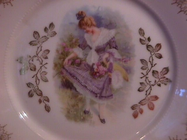 Porcelain Display Plate of Victorian Lady With Apron Full of Roses