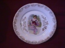 Porcelain Display Plate of Victorian Lady Gathering Yellow & Pink Roses