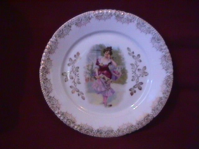 Porcelain Display Plate of Victorian Lady Gathering Yellow & Pink Roses