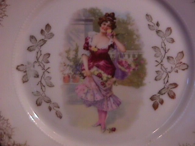 Porcelain Display Plate of Victorian Lady Gathering Yellow & Pink Roses