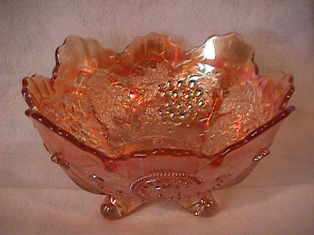 Dugan Carnival Glass (Grape Arbor) Large-4- Footed Bowl=Marigold
