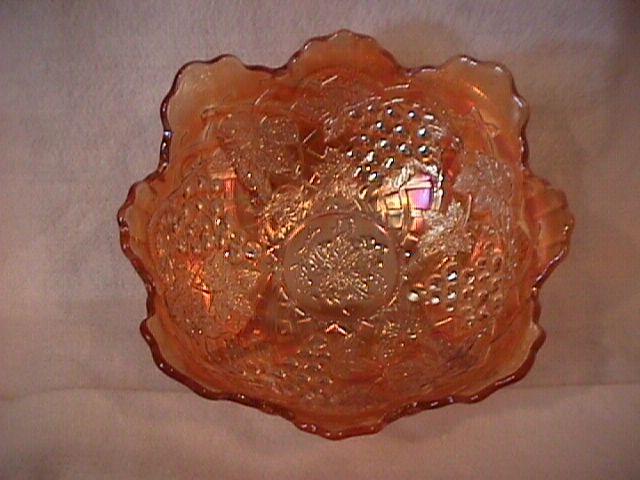 Dugan Carnival Glass (Grape Arbor) Large-4- Footed Bowl=Marigold