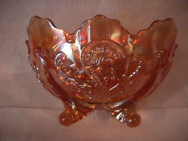 Dugan Carnival Glass (Grape Arbor) Large-4- Footed Bowl=Marigold