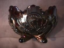 Dugan Carnival Glass (Grape Arbor) Large-4-Footed Bowl=Amethyst