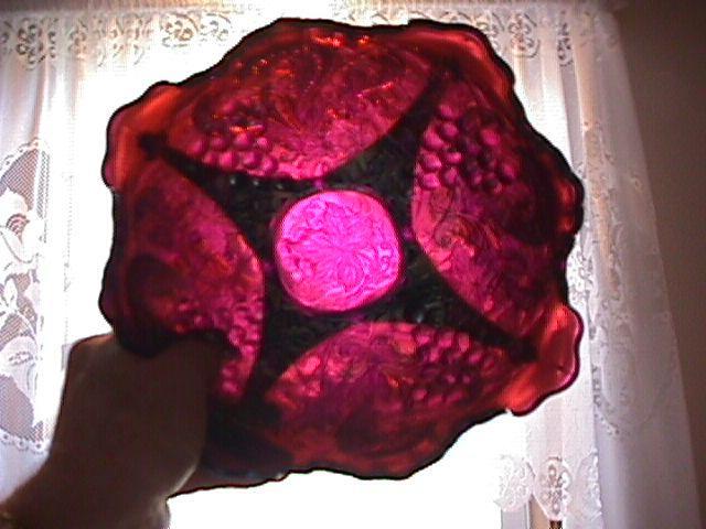 Dugan Carnival Glass (Grape Arbor) Large-4-Footed Bowl=Amethyst
