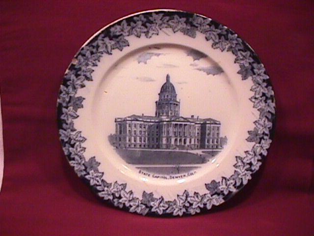 Flow Blue, England Display Plate-(Capitol Denver, Colorado)