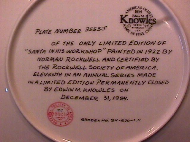 Knowles (Santa in His Workshop) Limited Edition Rockwell Plate